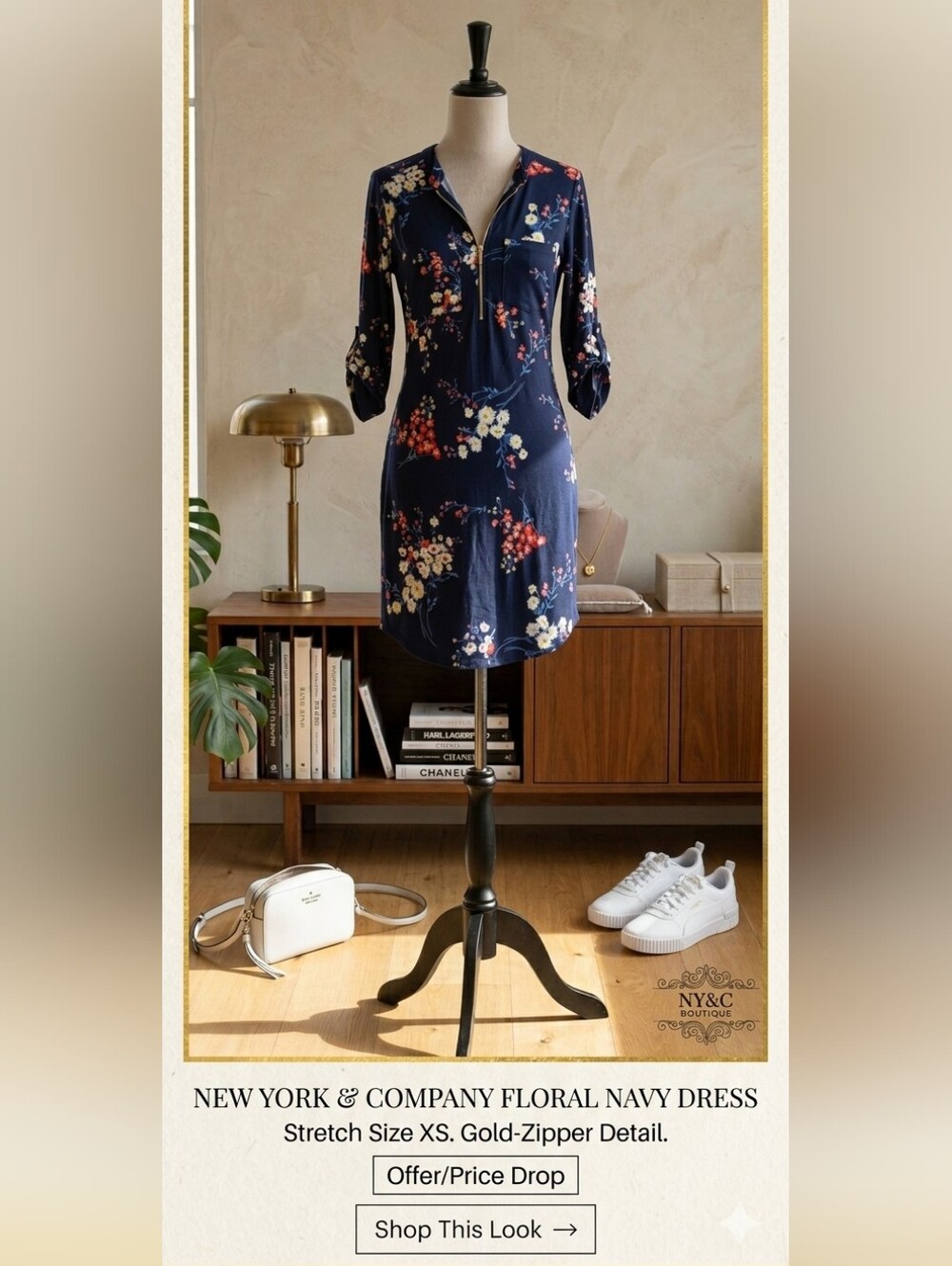 New York & Company Floral Navy Dress Stretch Size XS